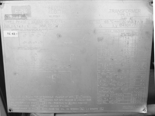 20/27/33 KVA, Pri 115000D, Sec 12470Y/7200 FEDERAL PACIFIC SUBSTATION TRANSFORME