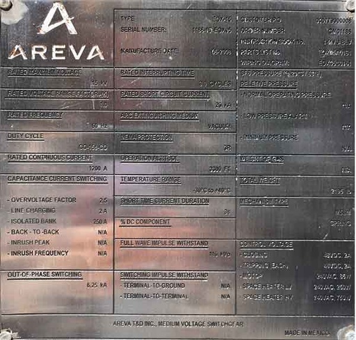 1200 Amp, AREVA, EOX-15, 15000 V., SUBSTATION VACUUM BREAKER