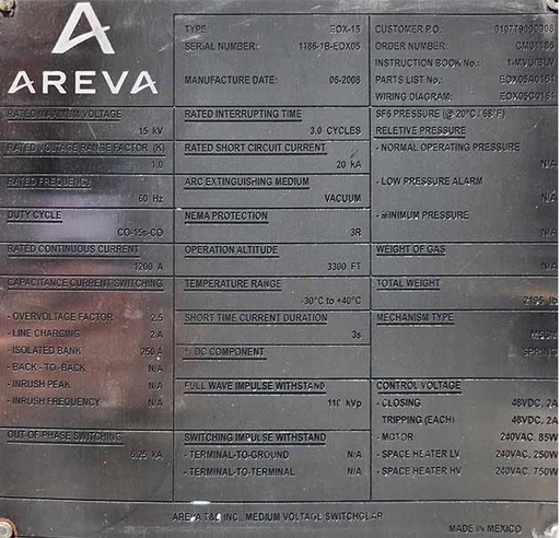 1200 Amp, AREVA, EOX-15, 15000 V., SUBSTATION VACUUM BREAKER