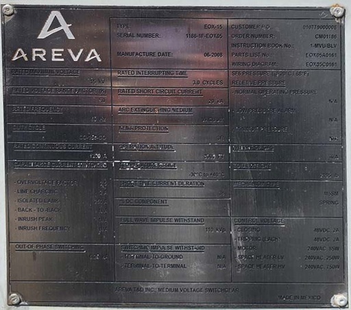 1200 Amp, AREVA, EOX-15, 15000 V., SUBSTATION VACUUM BREAKER