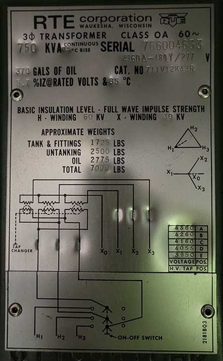 750 KVA, Pri 4160 D, Sec 480Y/277, LF/RF RTE PADMOUNT TRANSFORMER