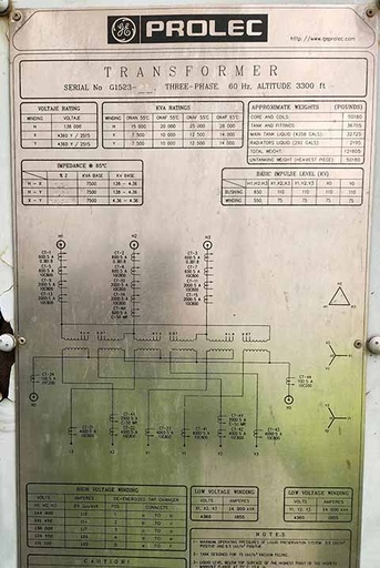 15/20/25/28 MVA, 138000D-4360Y/2515x4360Y/2515 GE PROLEC SUBSTATION TRANSFORMER