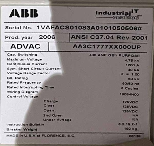 1200 Amp, ABB, ADVAC, 4760 V., CIRCUIT BREAKER FEEDER