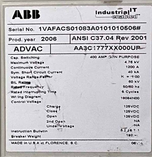 1200 Amp, ABB, ADVAC, 4760 V., CIRCUIT BREAKER FEEDER