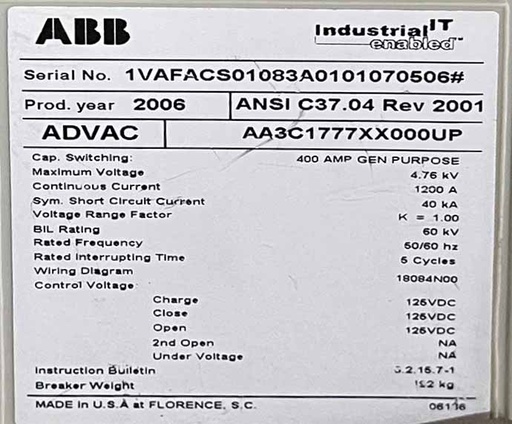 1200 Amp, ABB, ADVAC, 4760 V., CIRCUIT BREAKER FEEDER