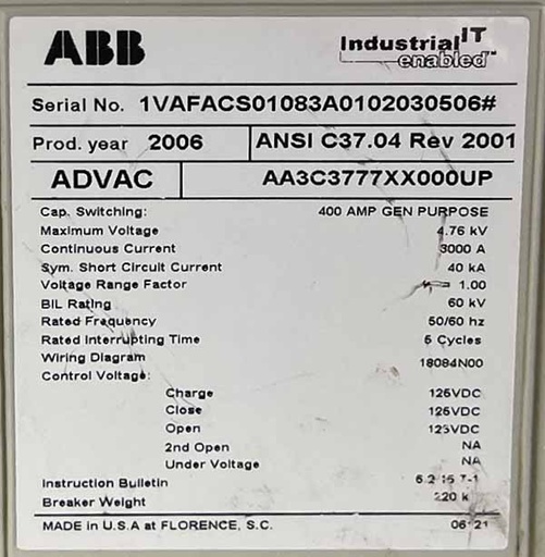 3000 Amp, ABB, ADVAC, 4760 V., MTM CIRCUIT BREAKER- DRAW OUT