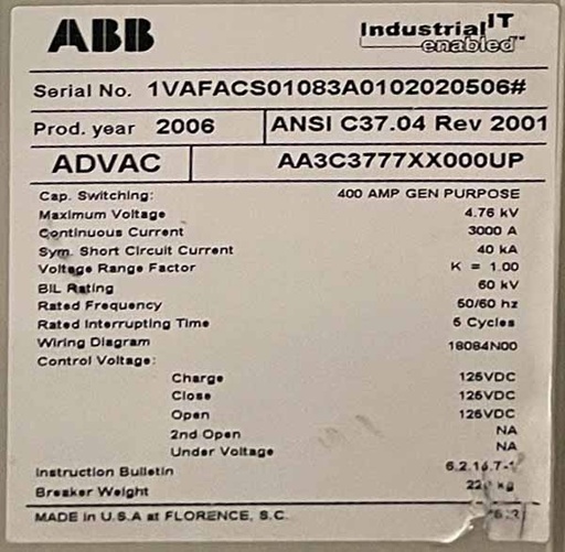 3000 Amp, ABB, ADVAC, 4760 V., MTM CIRCUIT BREAKER- DRAW OUT