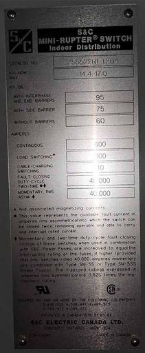 600 Amp, S&C, MINI-RUPTER, 14400 V. FUSED INTERRUPT SWITCH, INDOOR
