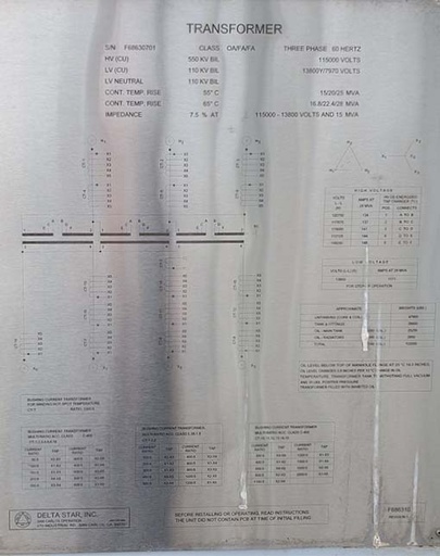 15000 KVA, Pri 115000 D, Sec 13800 Y, DELTA STAR SUBSTATION TRANSFORMER