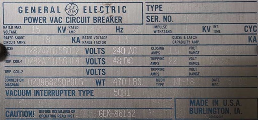 1200 Amp, GE, VB1, 15 KV, 1992,Power Circuit Breaker
