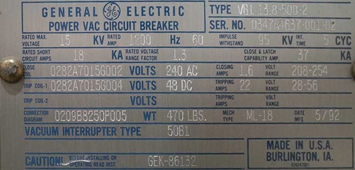 1200 Amp, GE, VB1, 15 KV, 1992,