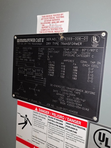 2500/3750 KVA, Pri 12470D, Sec 480Y/277, SQUARE D, INDOOR CAST COIL