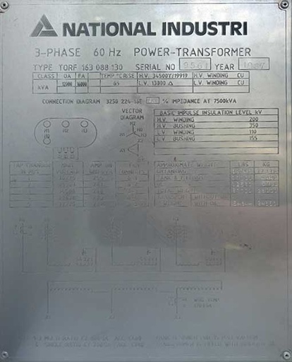 12/16 MVA, Pri 34500 Y, Sec 13800 D, NATIONAL INDUSTRI SUBSTATION TRANSFORMER