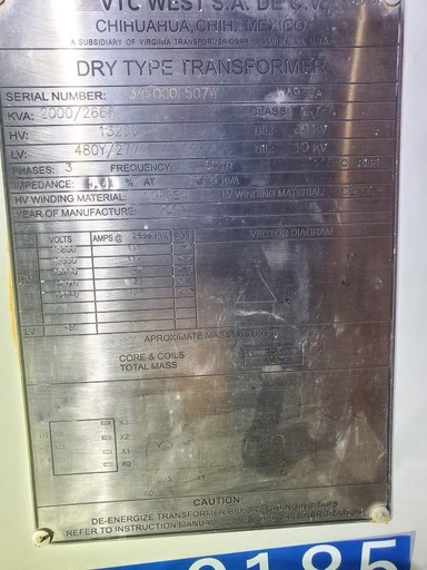 2000/2666 KVA, Pri 13200 D, Sec 480 Y, VTC WEST DRY TYPE TRANSFORMER