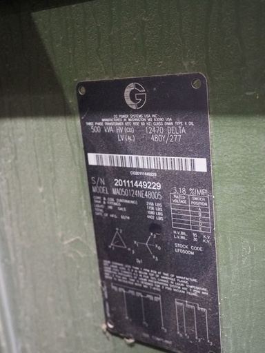 500 KVA, Pri 12470 D, Sec 480 Y/277, 2014, DF/RF