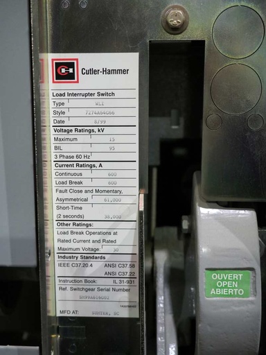 600 Amp, CUTLER HAMMER, No. WLI, 15000 V., Alternate Preferred Load Break Switch