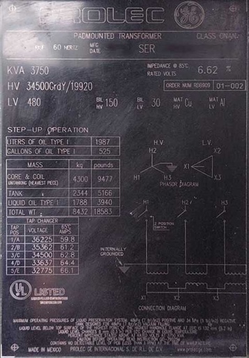 3750 KVA, Pri 34500 GRDY, Sec 480 D, GE PROLEC PADMOUNT TRANSFORMER, DF/RF