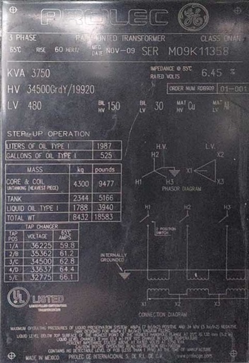 3750 KVA, Pri 34500 Y, Sec 480 D, GE PROLEC PADMOUNT TRANSFORMER, DF/RF
