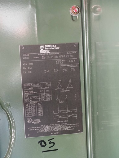 1000 KVA, Pri 4160 D, Sec 240 D, 2016, SUNBELT PADMOUNT TRANSFORMER, LF/RF