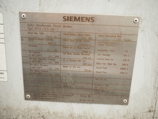 1200 Amp, SIEMENS, No. SPS-72.5-20-1, 72500 V., 1999, 125VDC C+T, FA2.20 Mech