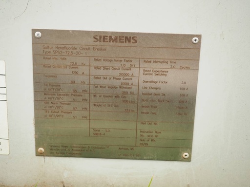 1200 Amp, SIEMENS, No. SPS2-72.5-20-1, 72500 V., 1999, 125VDC C+T, FA2.20 MECH