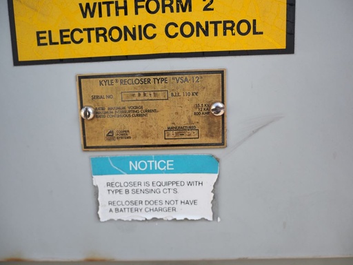800 Amp, COOPER/KYLE, No. VSA-12, 15000 V., 1995, RECLOSER