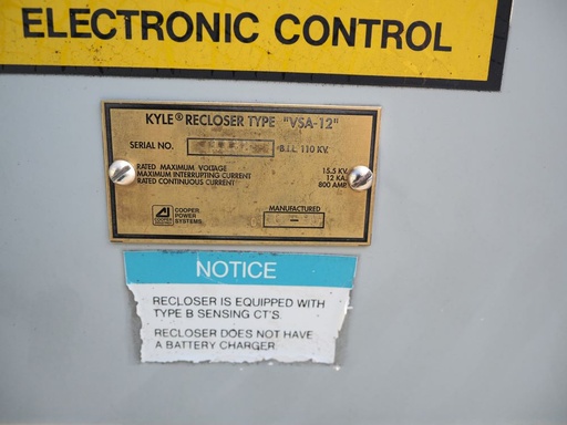 800 Amp, COOPER/KYLE, No. VSA-12, 15000 V., 1995, RECLOSER