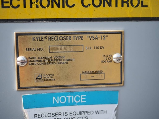 800 Amp, COOPER/KYLE, No. VSA-12, 15000 V., 1995, RECLOSER
