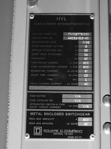 600 Amp, SQUARE D, No. HVL, 15000 V., 1998, NON-FUSED SWITCHES, OUTDOOR