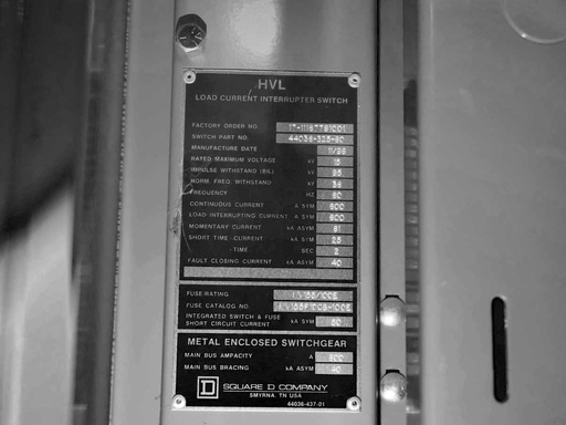 600 Amp, SQUARE D, No. HVL, 15000 V., 1998, FUSED LOAD BREAK SWITCH