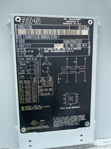 1000 KVA, Pri 6900 D, Sec 480 Y, EATON SUBSTATION TRANSFORMER:10