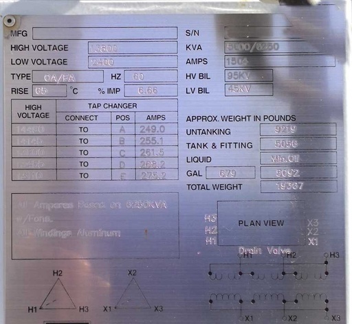 5000/6250 KVA, Pri 13800 D, Sec 2400 D SUBSTATION TRANSFORMER