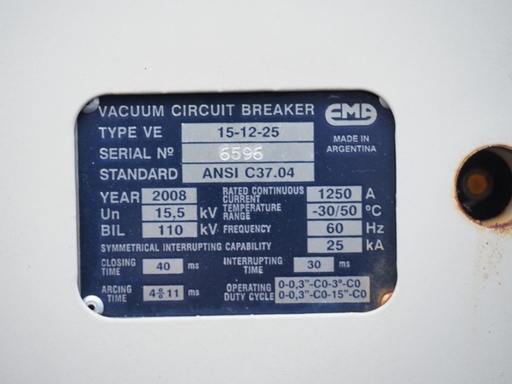 1250 Amp, EMA, No. VDH-15kV, 15500 V., Vacuum, 25kA Short; Unused
