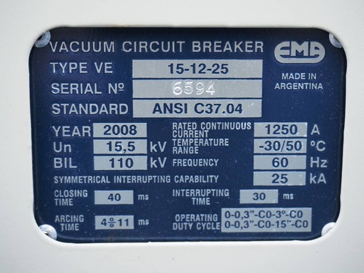 1250 Amp, EMA, No. VDH-15kV, 15500 V., Vacuum, 25kA Short, Unused