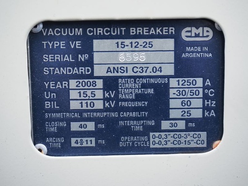 1250 Amp, EMA, No. VDH-15kV, 15500 V., Vacuum 25kA short; Unused