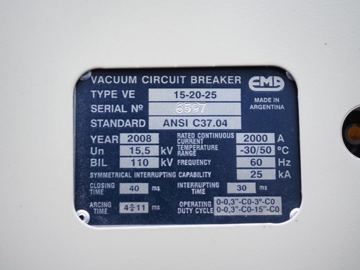 2000 Amp, EMA, No. VDH-15kV, 15500 V., Vacuum, 25kA Short, Unused
