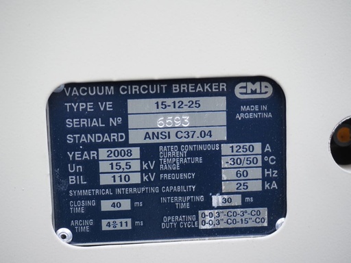 1250 Amp, EMA, No. VDH-15kV, 15500 V., Vacuum, 25kA Short, Unused