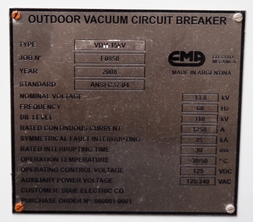 1250 Amp, EMA, No. VDH-15kV, 15500 V., Vacuum, 25kA Short, Unused