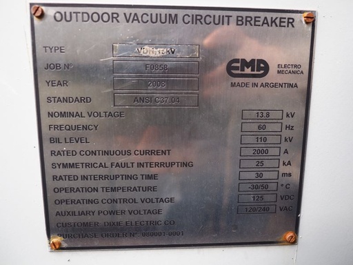 2000 Amp, EMA, No. VDH-15kV, 15500 V., Vacuum, 25kA Short, Unused