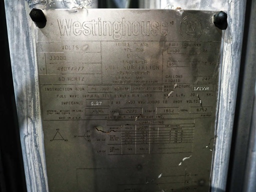 1500 KVA, Pri 33000 D, Sec 480 Y, 1992, Westinghouse,