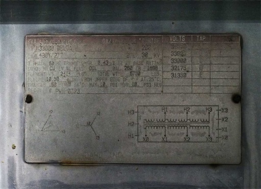 500 KVA, Pri 33000 D, Sec 480 Y, Balteau Standard, OA/FA