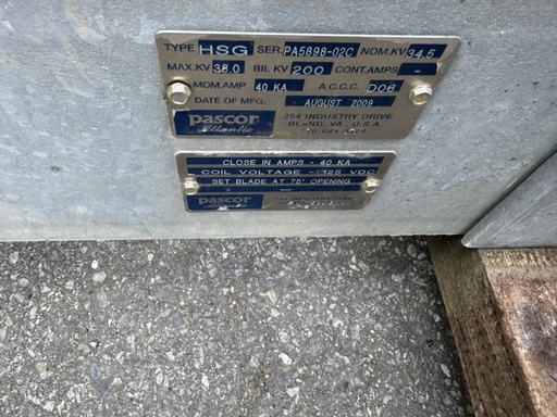 1600 Amp, PASCOR ATLANTIC, No. A-7, 34500 V, 2009, Horizontal Mount, Side Break