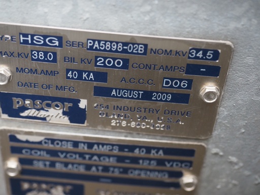 1600 Amp, PASCOR ATLANTIC, No. A-7, 34500 V, 2009, Horizontal Mount, Side Break