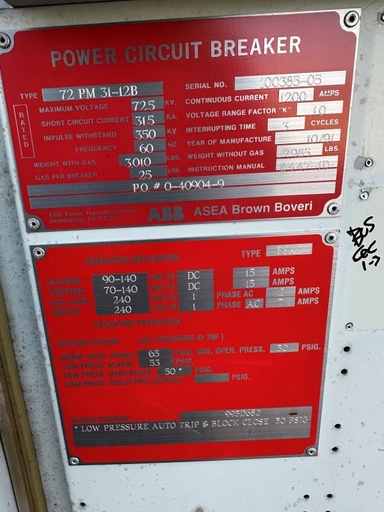 1200 Amp, ABB, 72PM 31-12B, 72 KV, SF6 POWER CIRCUIT BREAKER, 31.5 KAIC