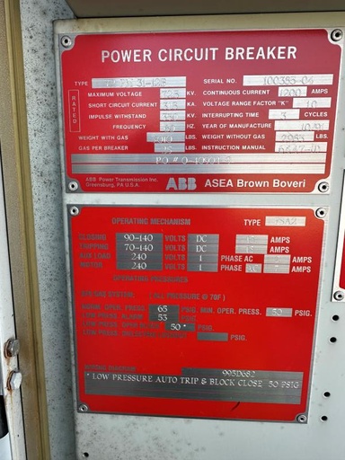 1200 Amp, ABB, 72PM 31-12B, 72 KV, SF6 POWER CIRCUIT BREAKER, 31.5 KAIC