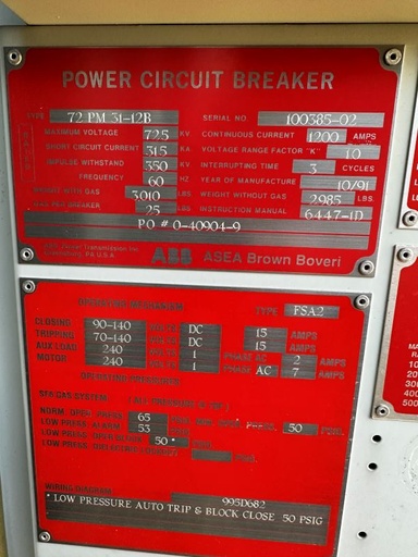 1200 Amp, ABB, 72PM 31-12B, 72 KV, SF6 POWER CIRCUIT BREAKER, 31.5 KAIC