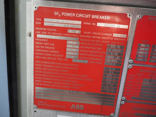 2000 Amp, ABB, No. 48 PM 31-20, 48300 V., 1998, SF6, 125 VDC, 31.5kA Short
