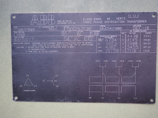 2500 KVA, Pri 13800 D, Sec 480 Y, 2010, ABB, Dead Front Loop Feed,