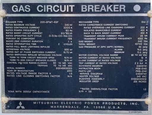 3000 Amp, MITSUBISHI, 200-SFMT-63F, 245 KV, 50/63 KAIC GAS CIRCUIT BREAKER