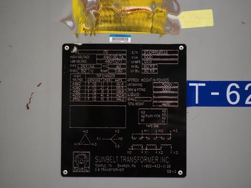 1000 KVA, Pri 4160 D, Sec 480 Y, ITE/Sunbelt, Open Wound, Indoor